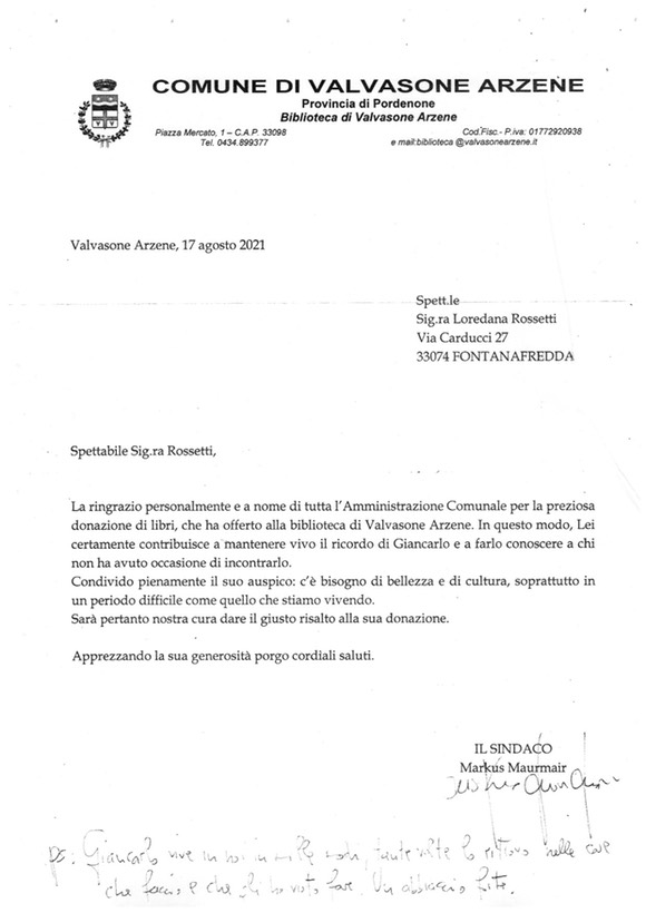Lettera Sindaco Valvasone per omaggio Giancarlo 2021